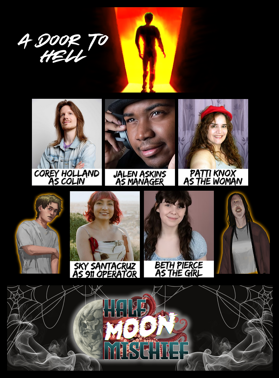 Cast announcement for the audio drama "Half Moon Mischief". The image includes the voice actors' headshots labeled with their name and character role.