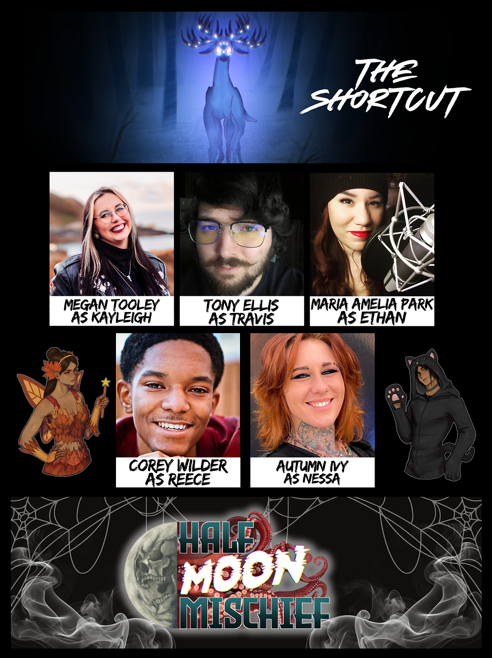 Cast announcement for the audio drama "Half Moon Mischief: The Shortcut". The image includes the voice actors' headshots labeled with their name and character role.