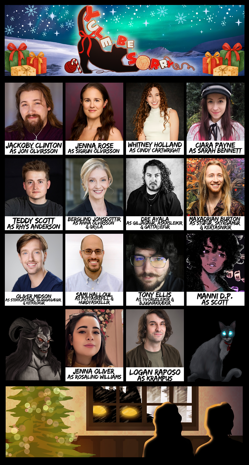 Cast announcement for the audio drama "Yule Be Sorry". The image includes the voice actors' headshots labeled with their name and character role.