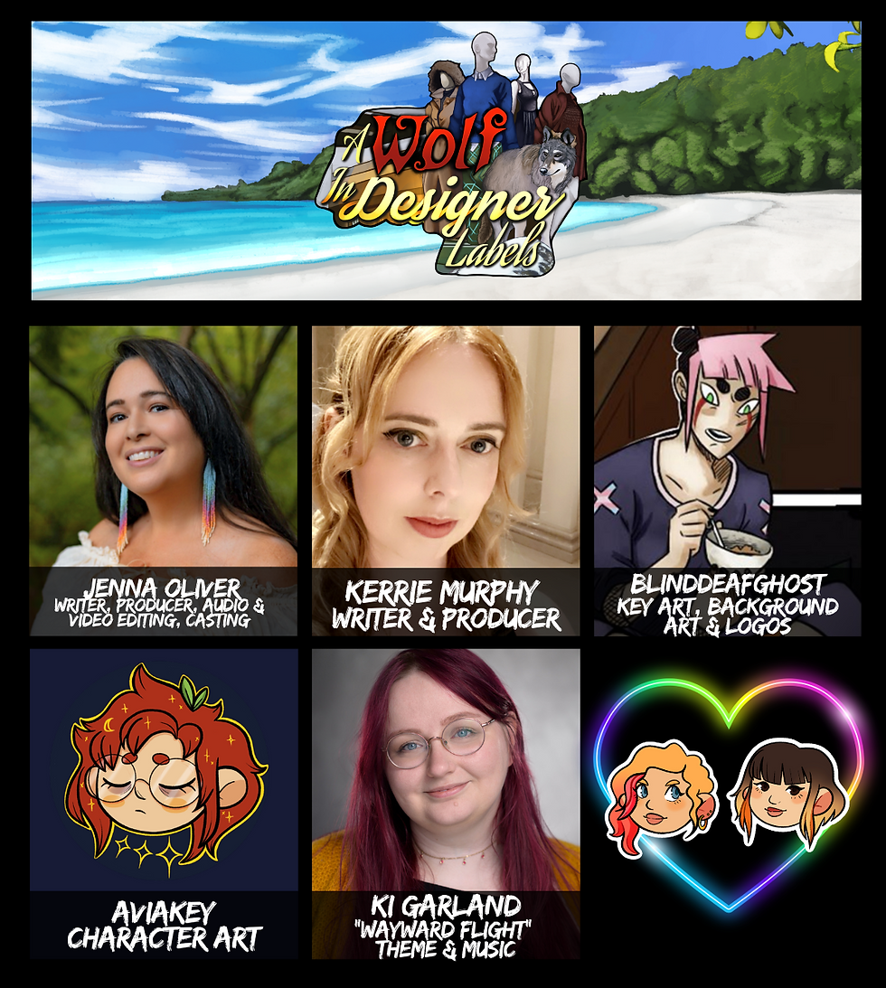 Crew announcement for the audio drama "A Wolf in Designer Labels". The image includes the team's headshots labeled with their name and what they did in the project.