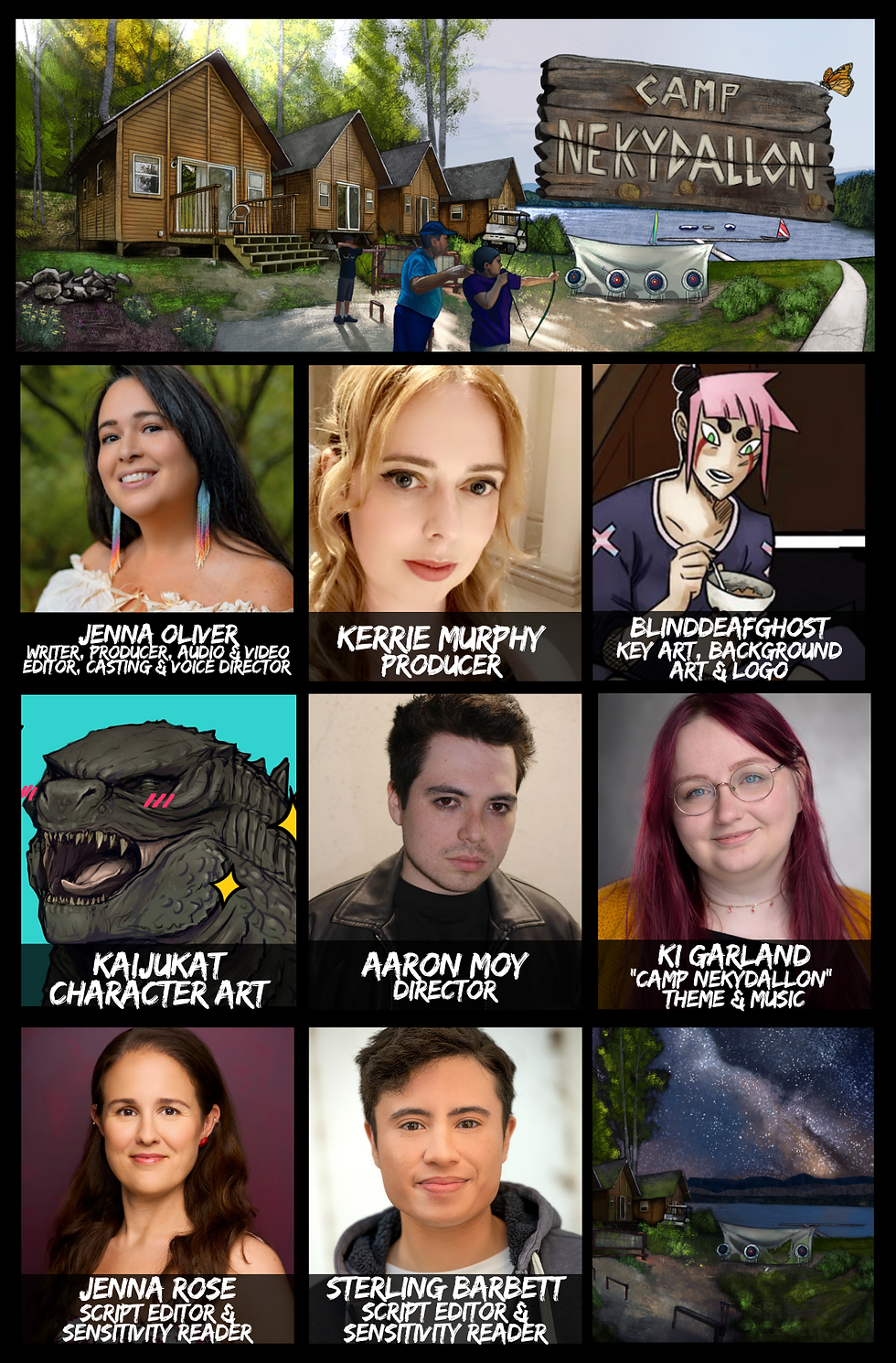 Crew announcement for the audio drama "Camp Nekydallon". The image includes the team's headshots labeled with their name and what they did in the project.