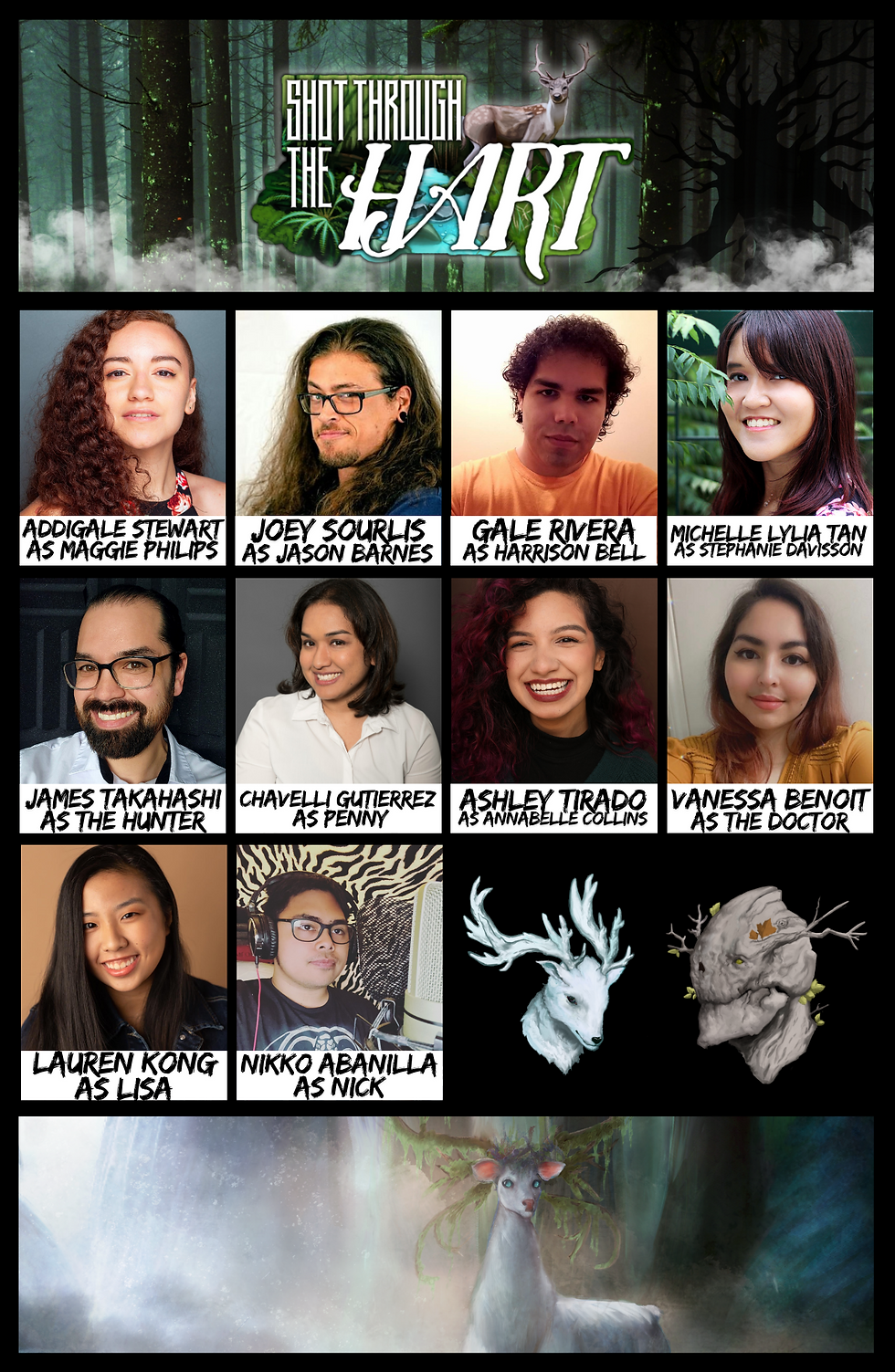 Cast announcement for the audio drama "Shot Through the Hart". The image includes the voice actors' headshots labeled with their name and character role.
