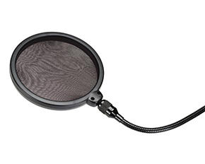 A professional microphone pop filter used when recording audio.