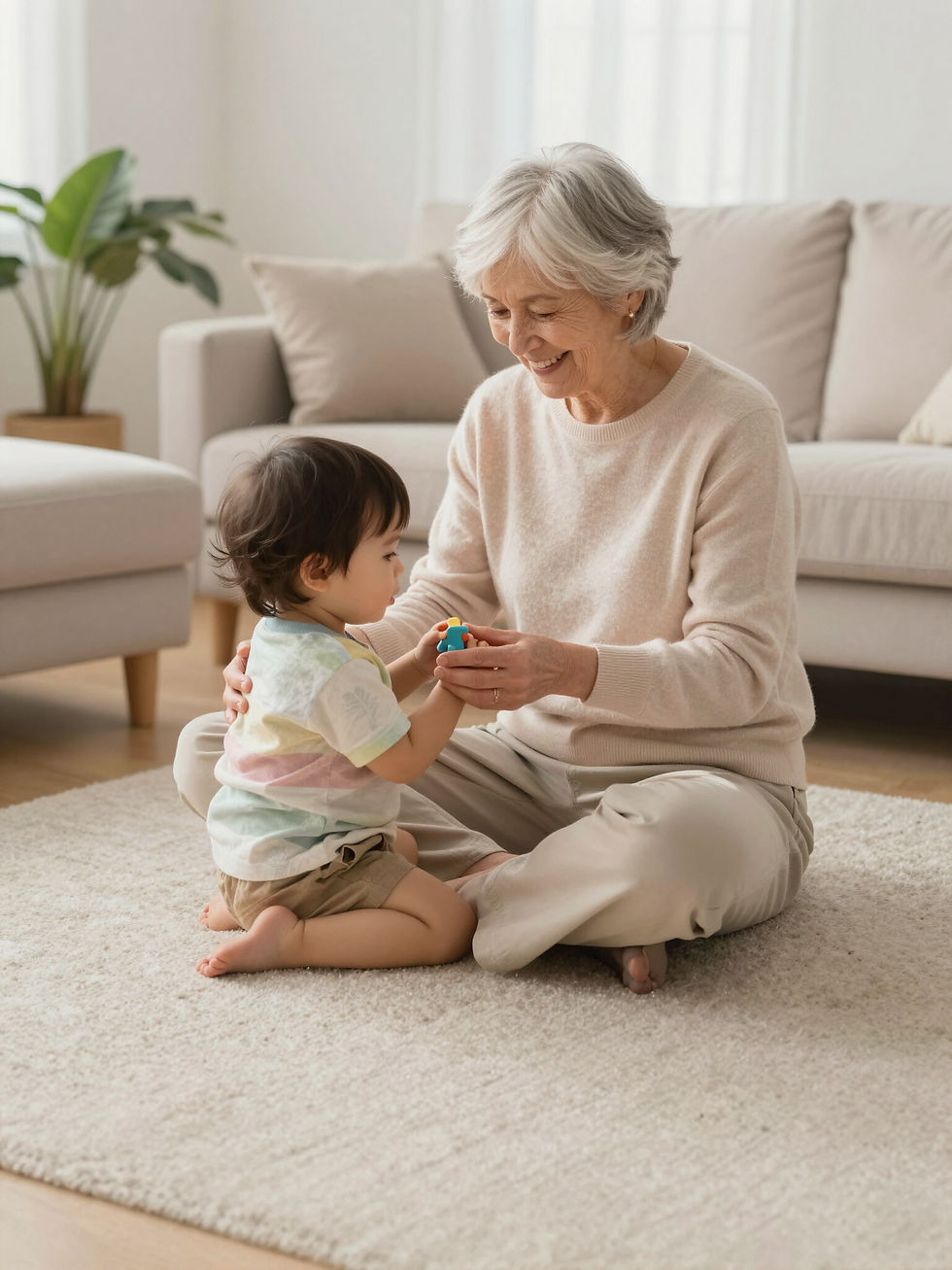 A woman sitting on the floor, playing with a young child