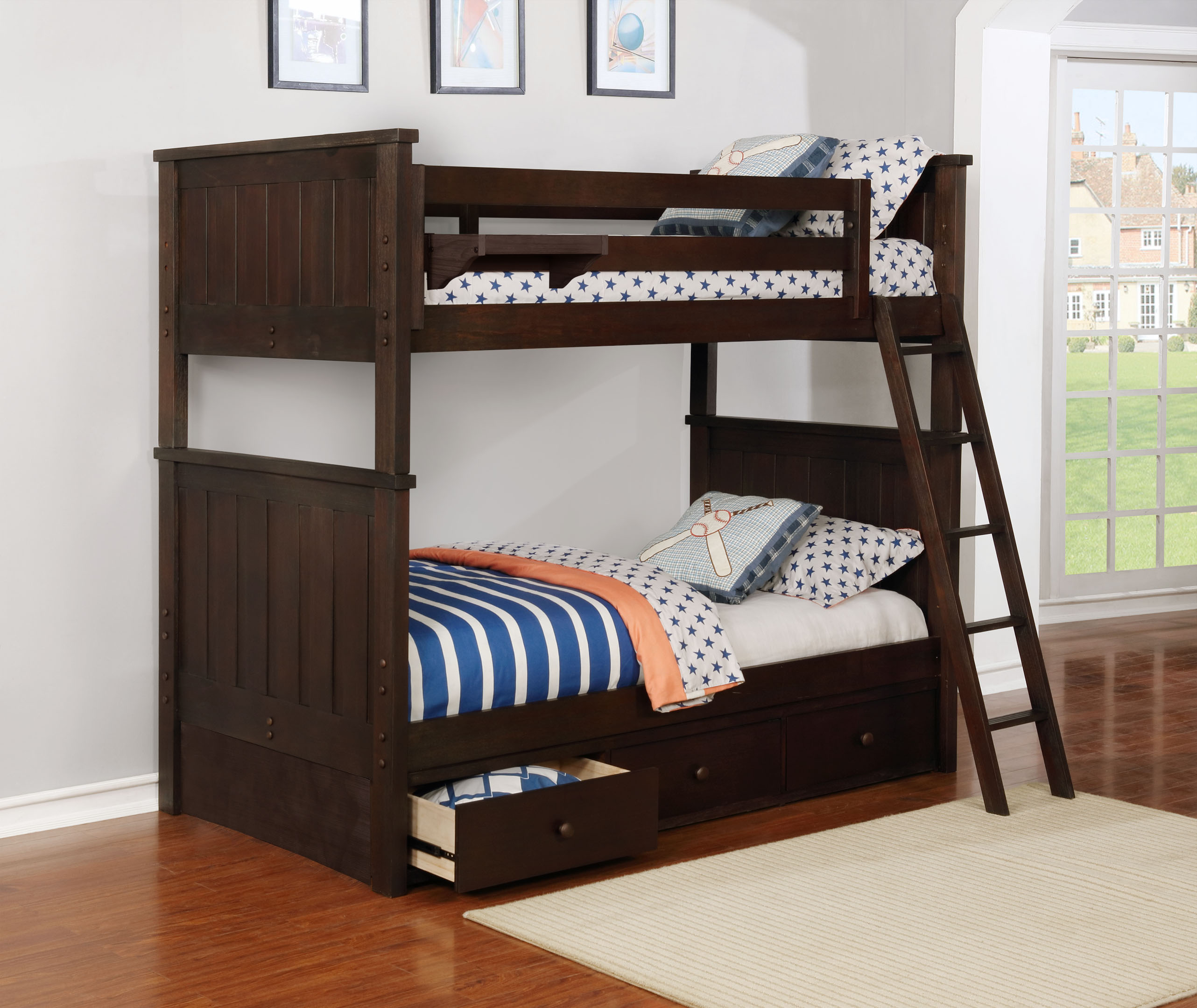 Jordan Twin over Twin Bunk Bed with Waterford 3 Drawer Storage Weathered Espresso