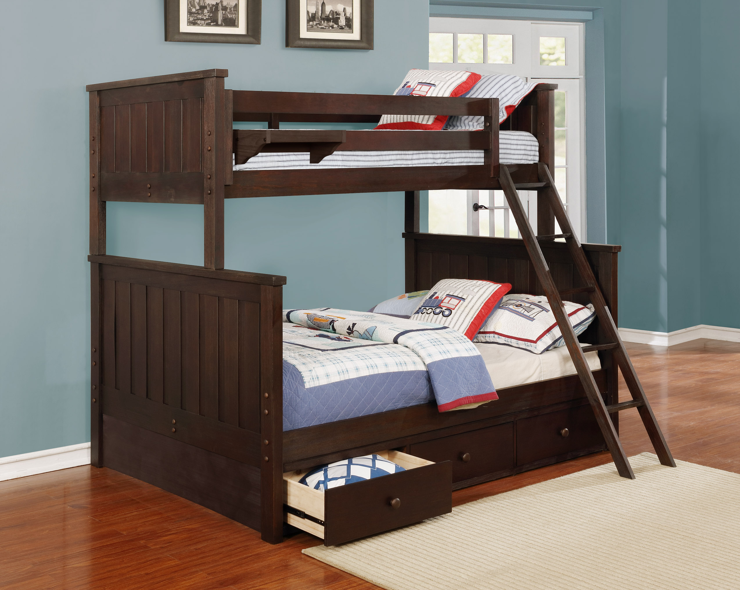 Jordan Twin over Full Bunk Bed with Waterford 3 Drawer Storage Weathered Espresso