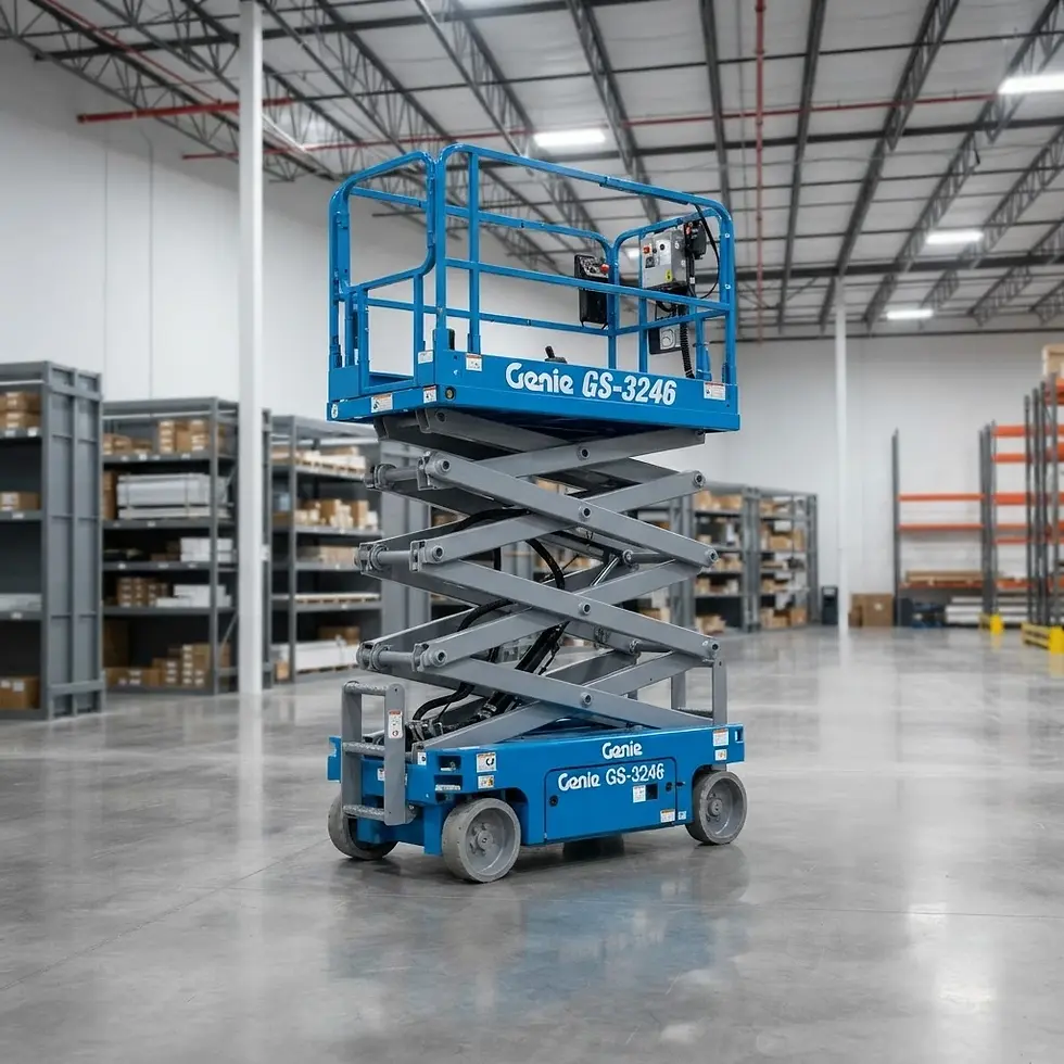 Product photography of a blue Genie GS-3248 scissor lift and aerial work platform in a modern warehouse setting.