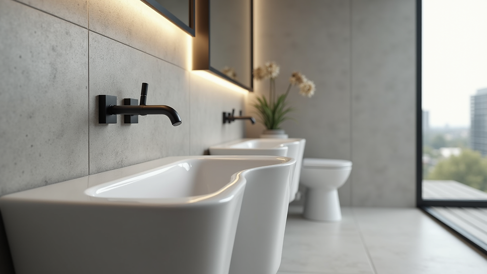 Close-up view of modern bathroom tiles and sanitary fixtures installation