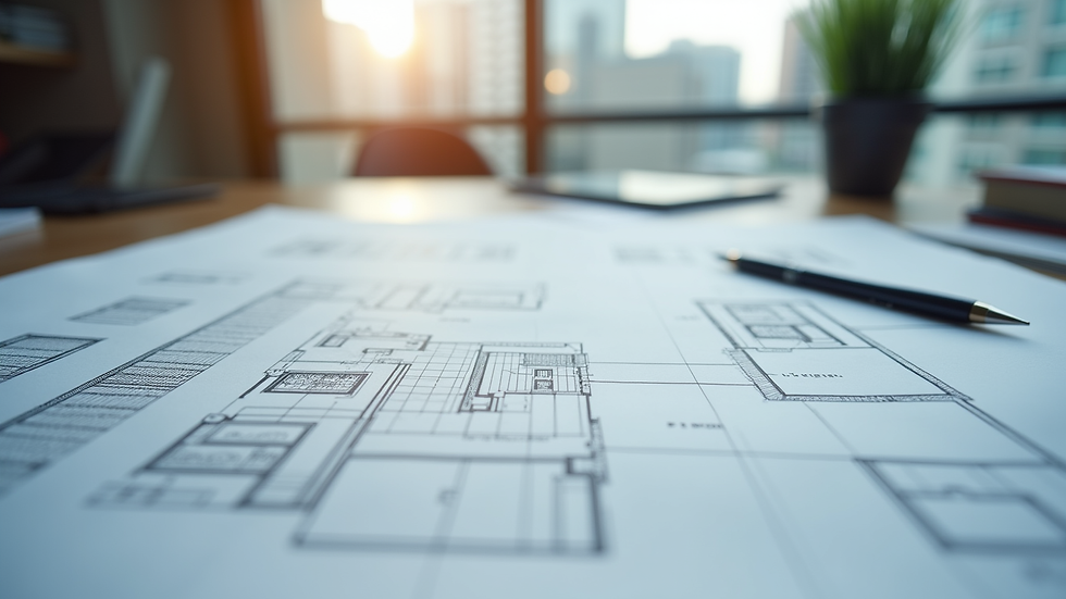 Eye-level view of modern architectural plans on a desk
