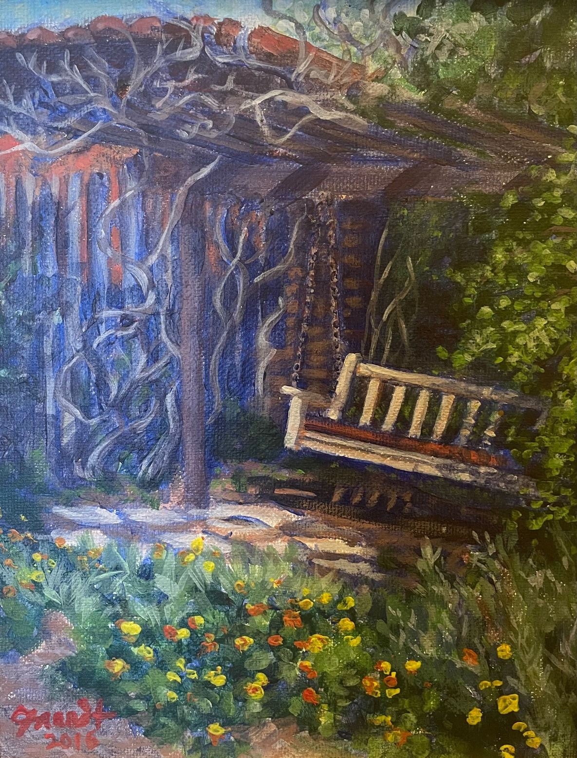 Marigolds and Bench Swing