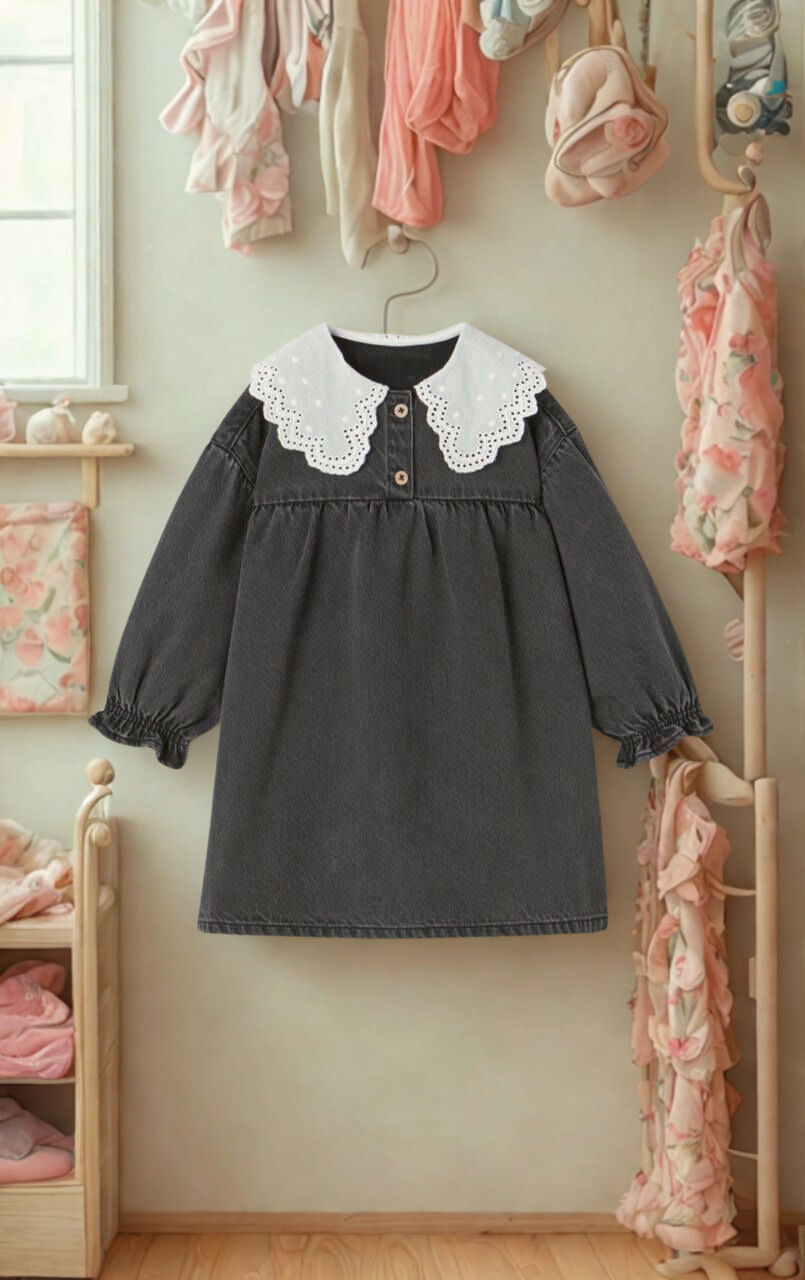 Dantel Yaka Siyah Kot Elbise