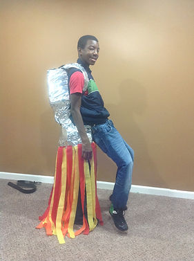 Kid on homemade jetpack costume