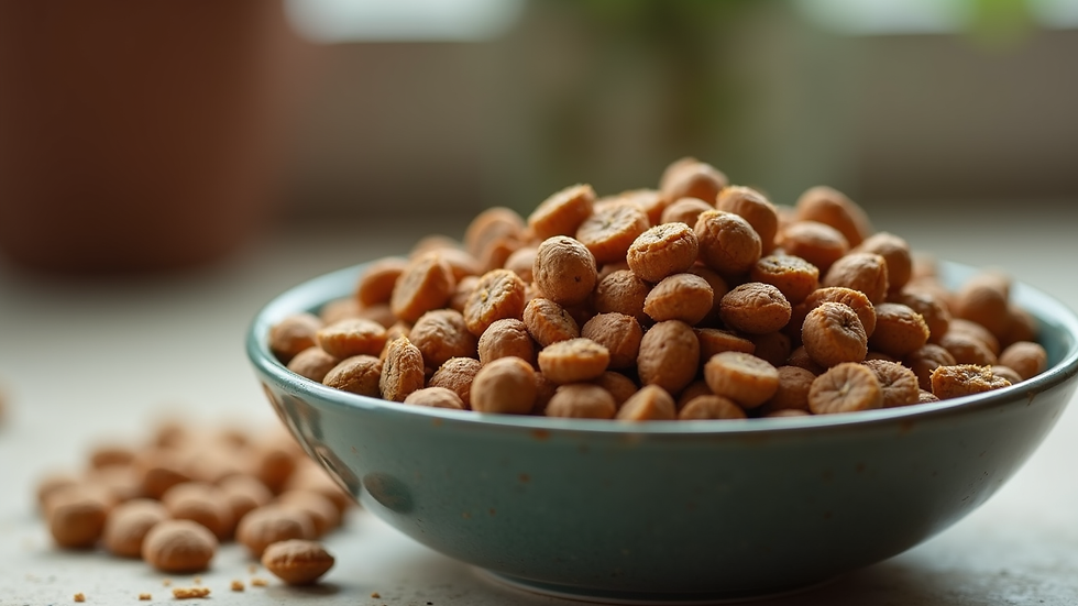 Close-up view of a bowl filled with balanced pet food