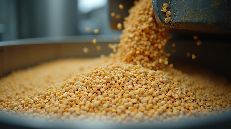 Close-up view of animal feed ingredients being mixed in a large industrial mixer