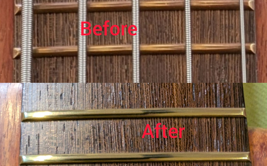 Warwick Corvette bass frets before and after polishing at Fretwork by GB, Kingsclere