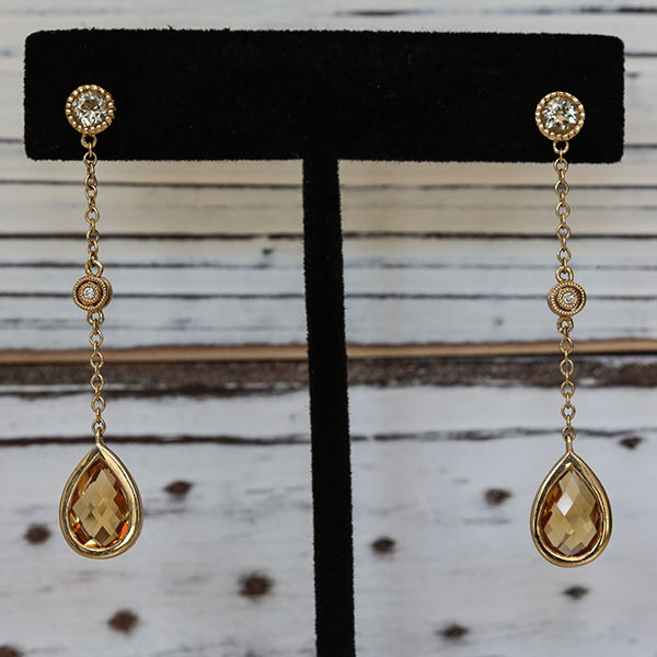 Thumbnail: Pear-shaped Citrine, Diamond, Perodot 14K Yellow Gold Earrrings