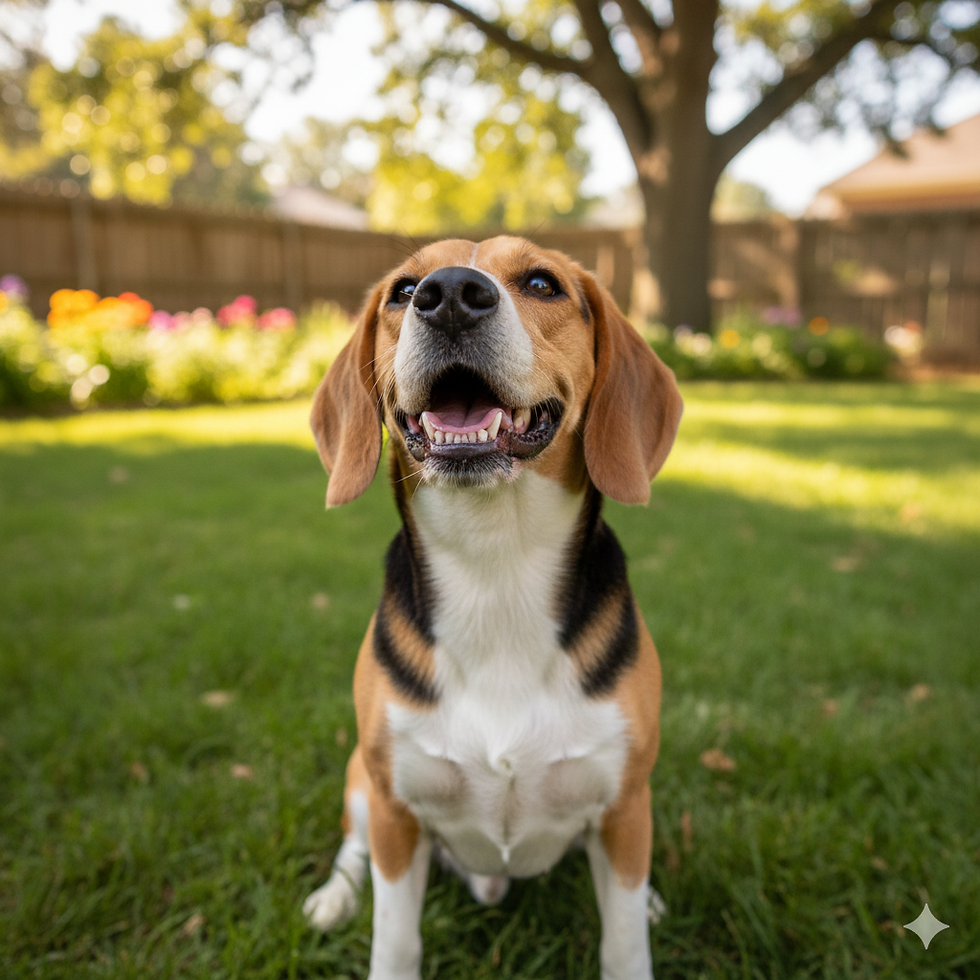 A happy beagle sits on green grass in a sunny backyard, looking up with its mouth open in a wide smile, showing its clean teeth.