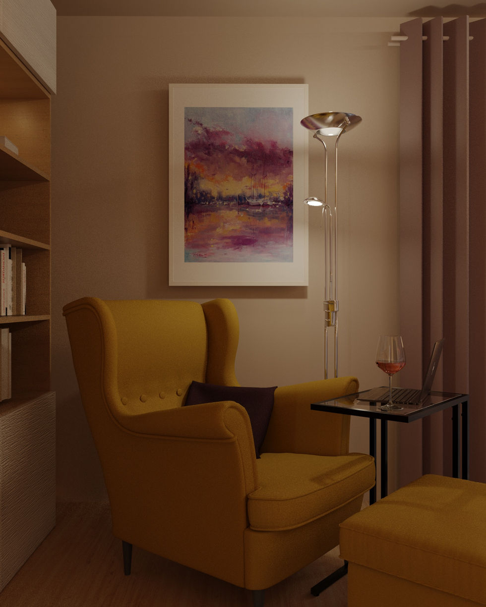 colț de citit cu fotoliu galben, veioză și tablou cu apus.