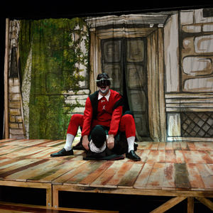 Set design by Mădălina Sandu for “Wanted”, directed by Massimiliano Nugnes, Breasla Actorilor Theatre, Bucharest, 2019. A colorful scenography blending commedia dell’arte and contemporary visual irony.
