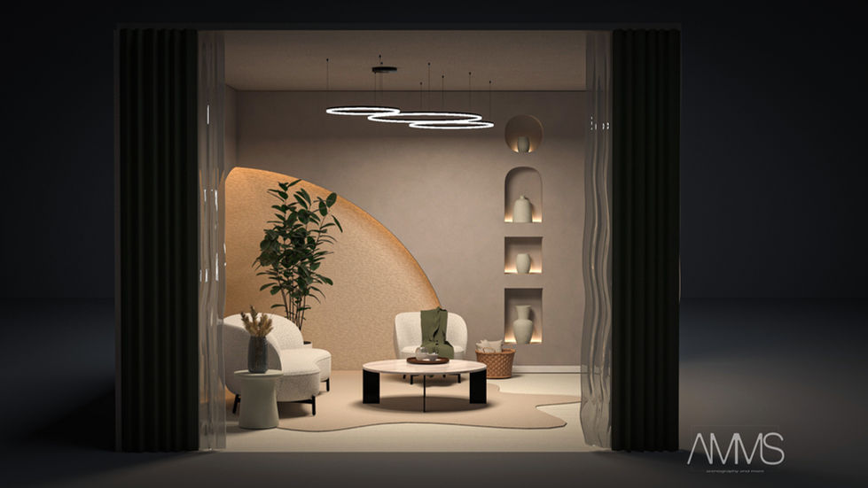 Lounge cu arc decorativ, fotoliu crem, masă joasă rotundă și rafturi cu nișe iluminate.