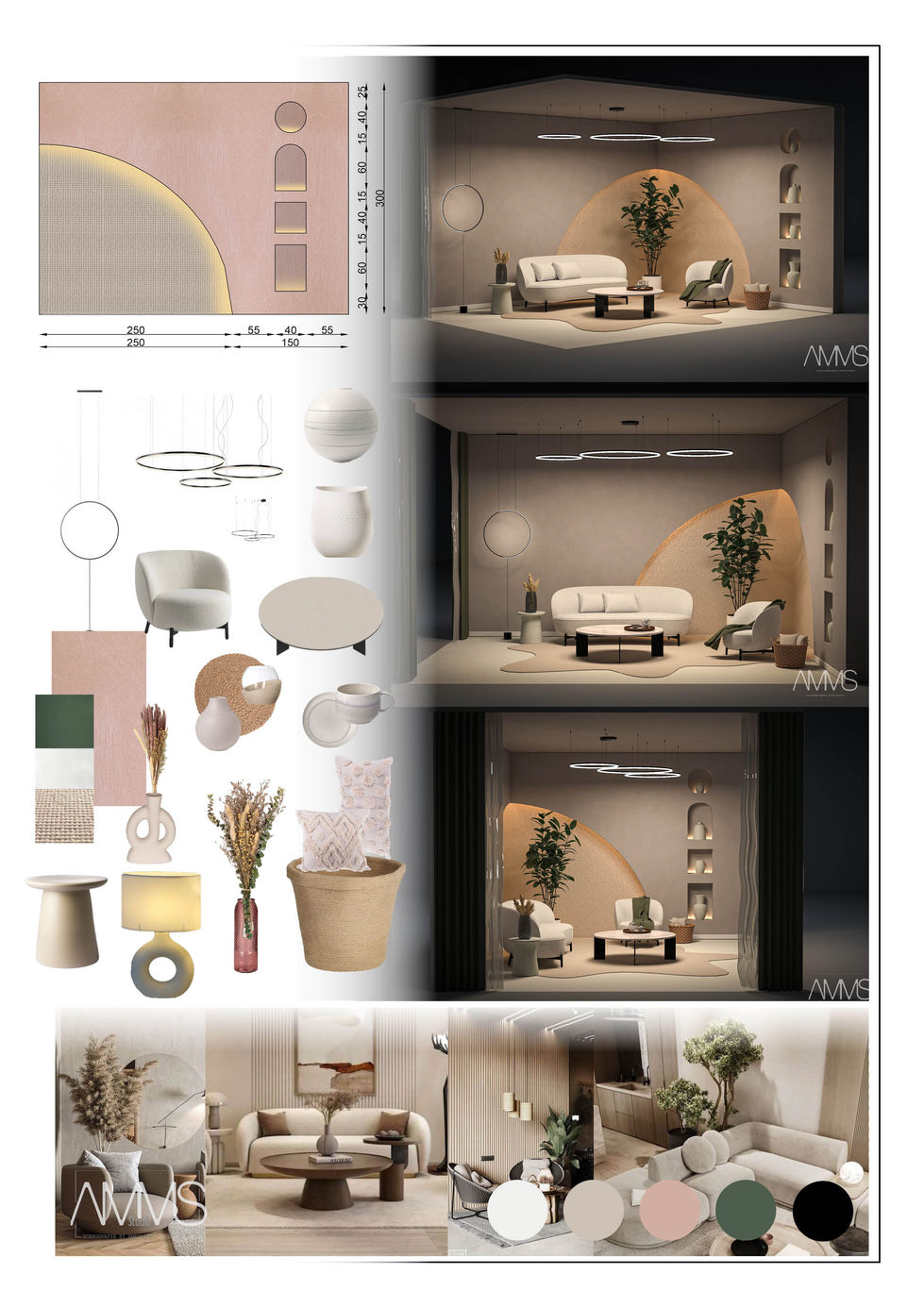 Moodboard cu randări, piese de mobilier curbat și paletă cromatică pudrată pentru pop-up.