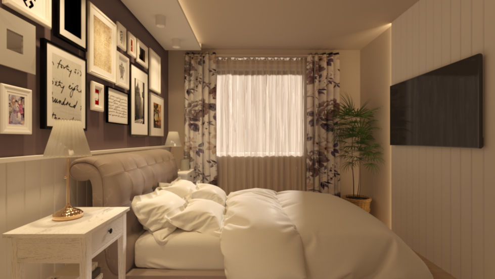 vedere laterală a dormitorului cu pat, tablouri și fereastră luminoasă cu perdele florale.