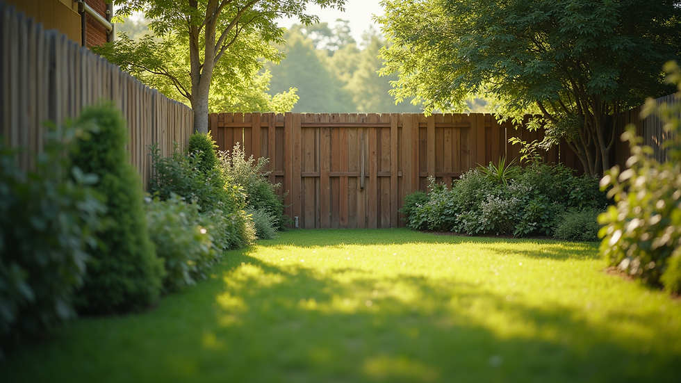 Eye-level view of a calm garden with a wooden fence