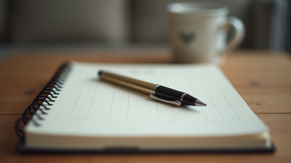 Close-up view of a journal and pen on a wooden table