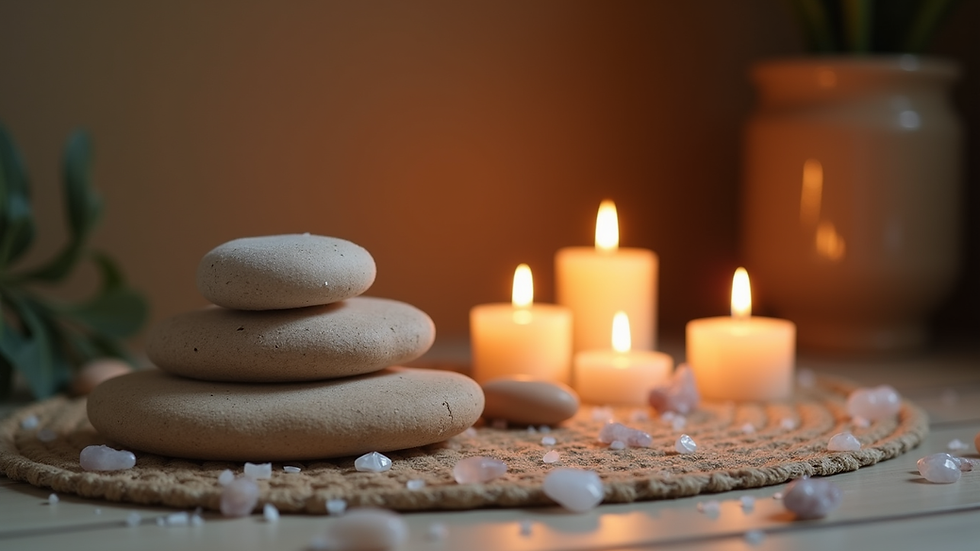 Eye-level view of a serene meditation space with candles and crystals