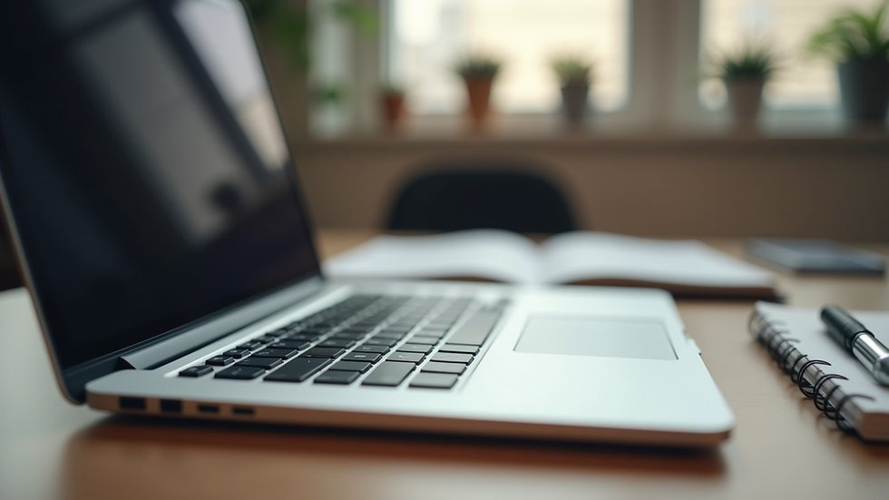Eye-level view of a laptop on a desk with a notebook and pen