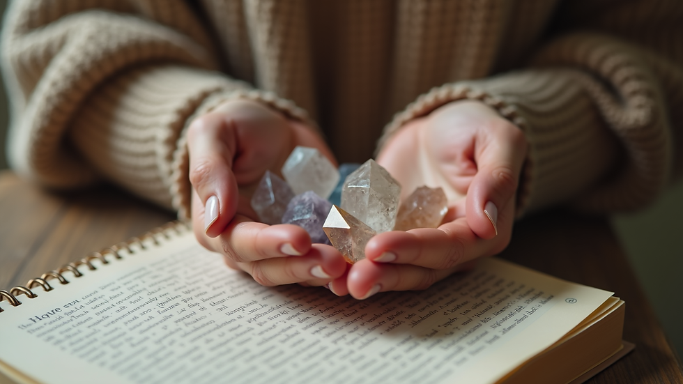 Close-up view of hands holding healing crystals and a journal