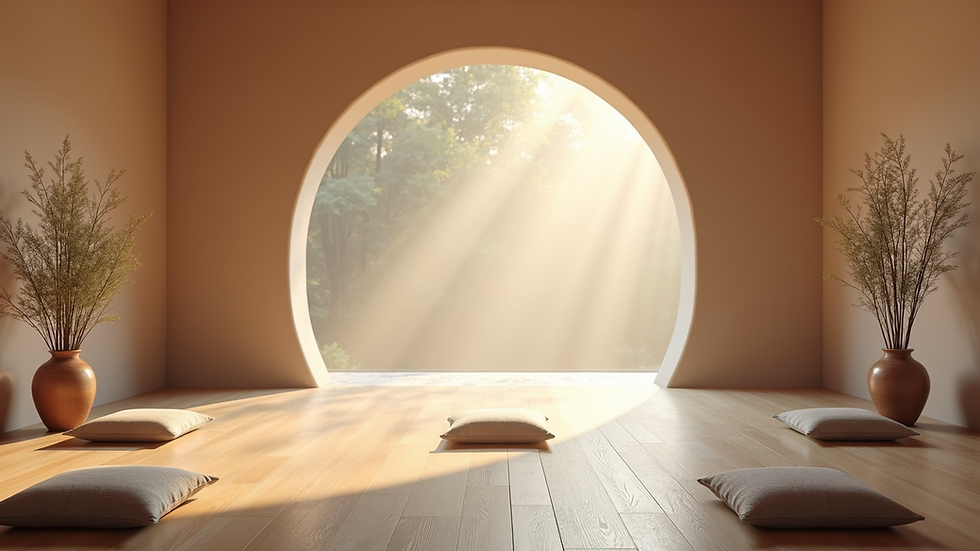 High angle view of a serene meditation space with cushions and soft light