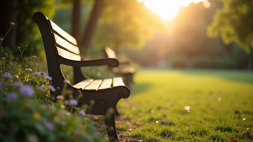 Eye-level view of a peaceful garden bench surrounded by soft sunlight