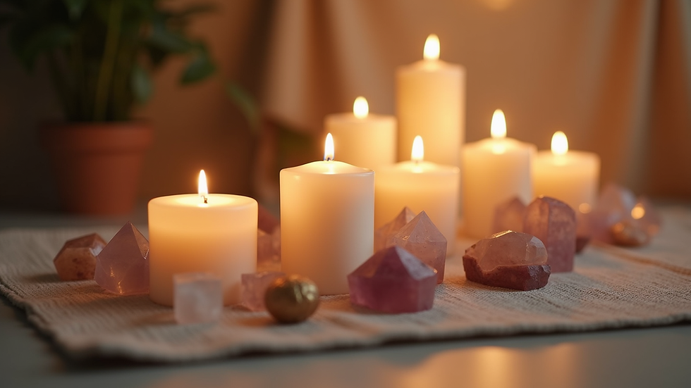 Eye-level view of a peaceful healing space with candles and crystals