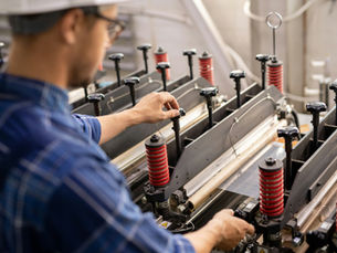 Worker an adjusting industrial machine in a factory.
