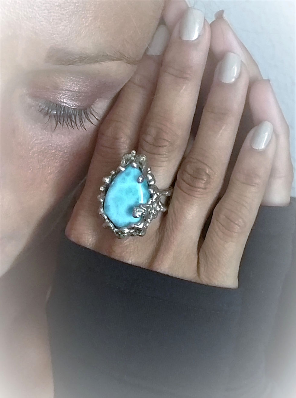 Thumbnail: FLYING STONES - gold bronze ring, Larimar