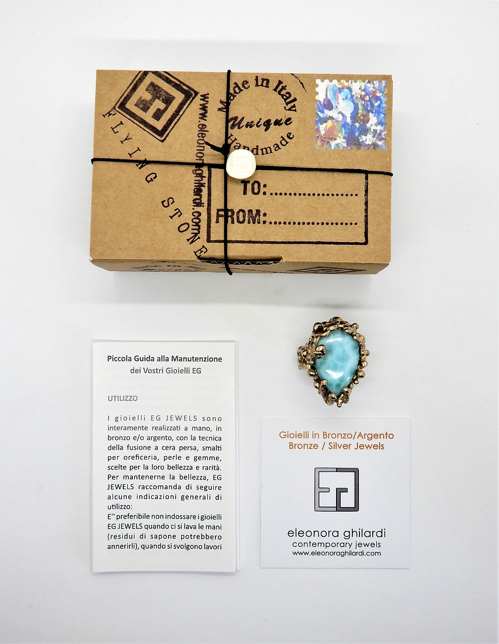 Thumbnail: FLYING STONES - gold bronze ring, Larimar