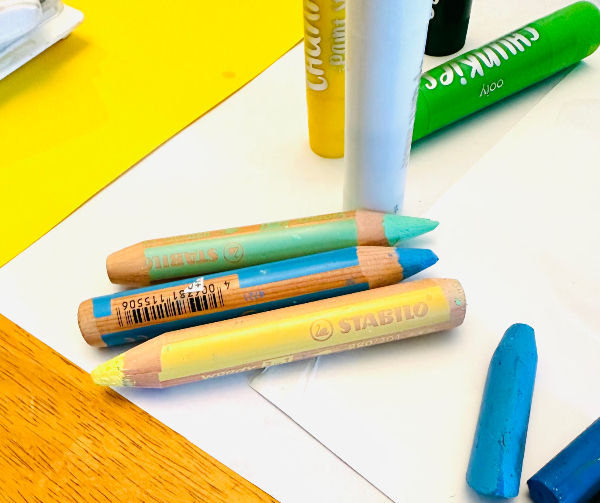 Photo of items on art supplies checklist, including Stabilo Woodies Pencils