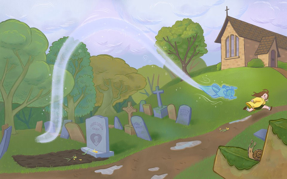 A ghost chasing a little girl into a church, from Emma Tipping's Children's Book Illustration Portfolio