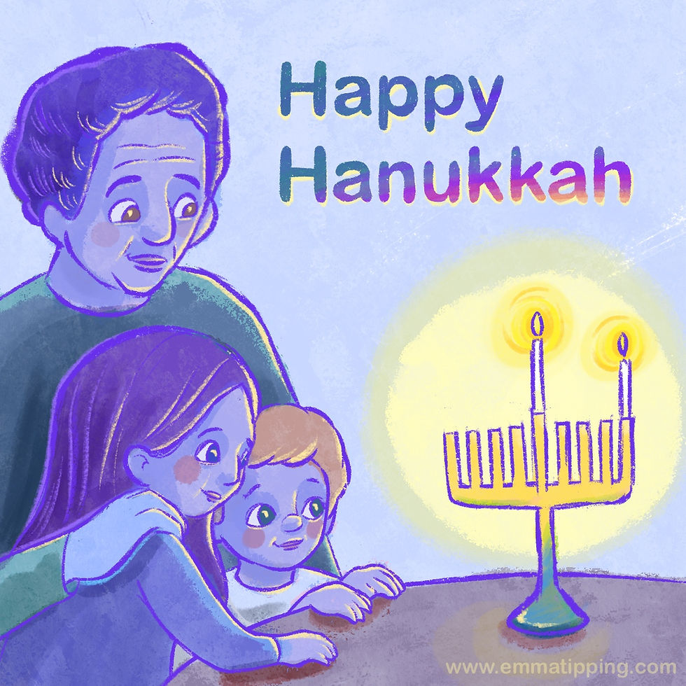 Digital illustration called "Happy Hanukkah" of a grandfather and his grandchildren around the first candle of Hanukkah