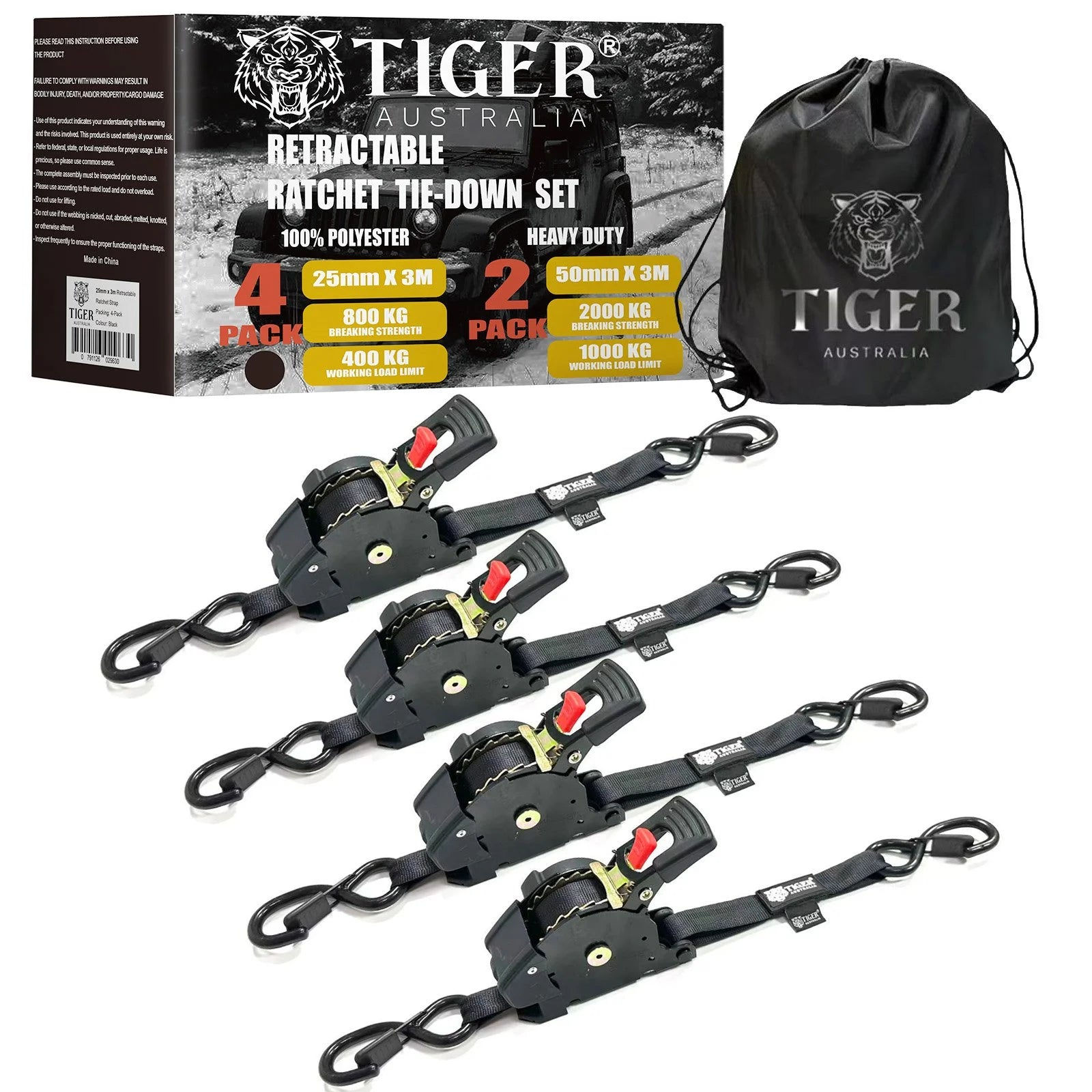 Tiger Australia 25mm x 3m Auto Retractable Ratchet Straps 4-Pack