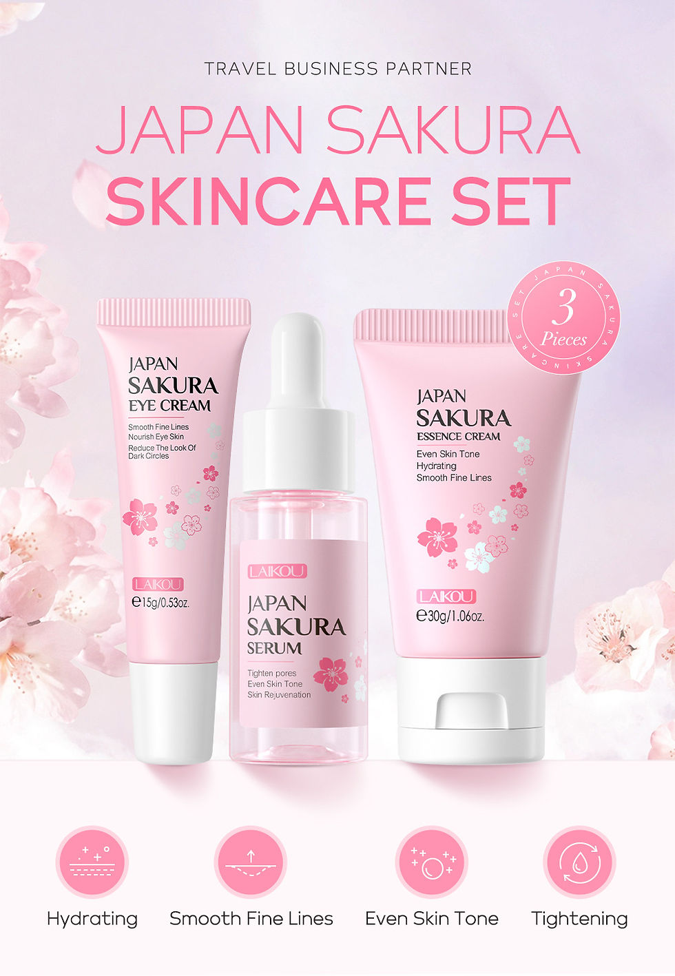 Thumbnail: 3pcs/set LAIKOU Vitamin C 24K Golden Sakura Skin Care Sets Face Cream Serum Eye 