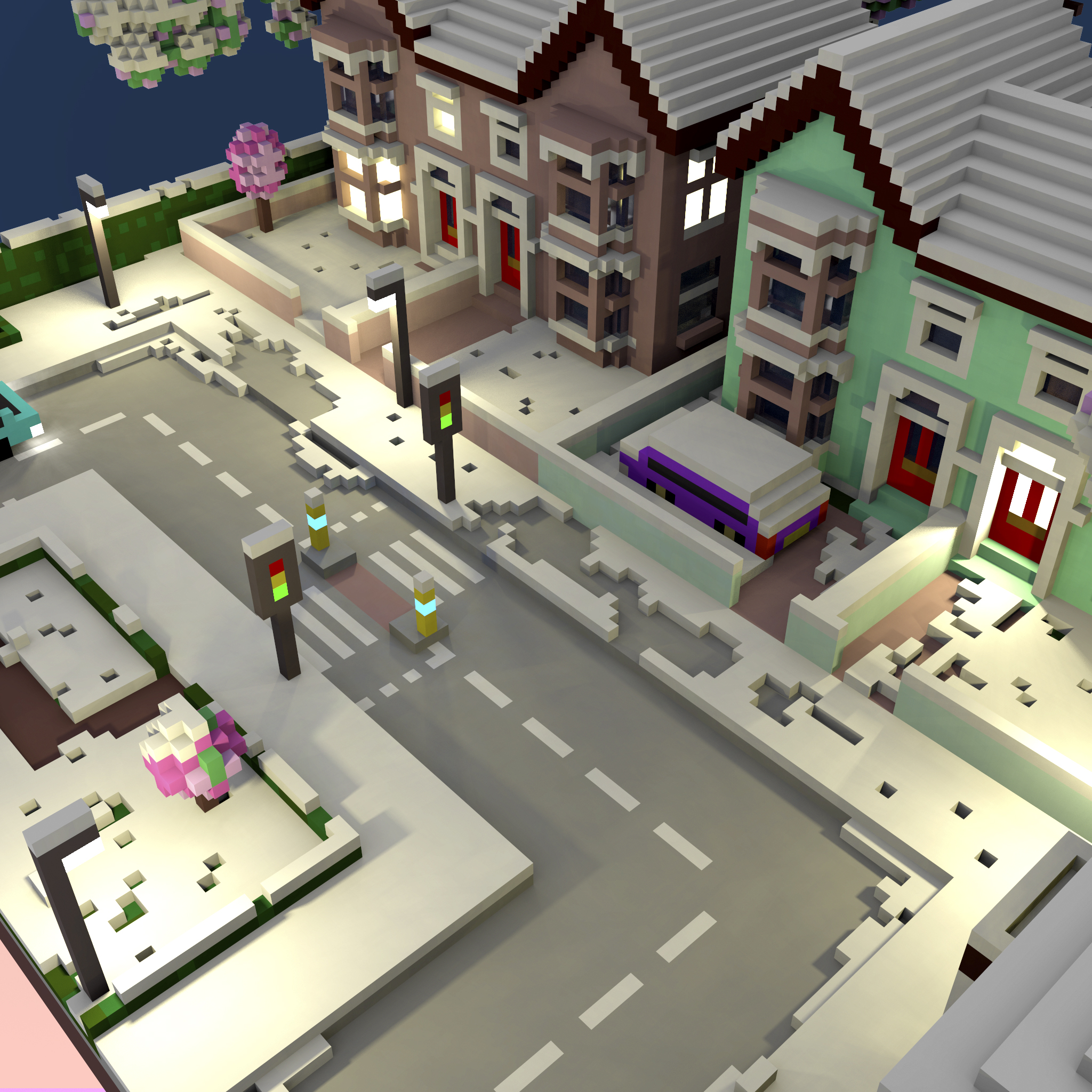 Nighttime street voxel art by Nyokee