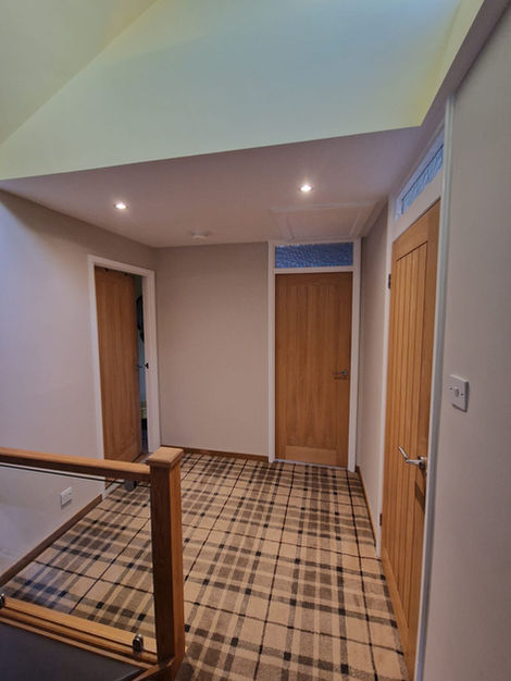 Hallway / Staircase
Walls, Ceiling.
Have a look at our recent project.
Upstairs area painted and decorated with light tone to highlight other features like wooden Staircase and glass elements that is matched with the rest of the interior.