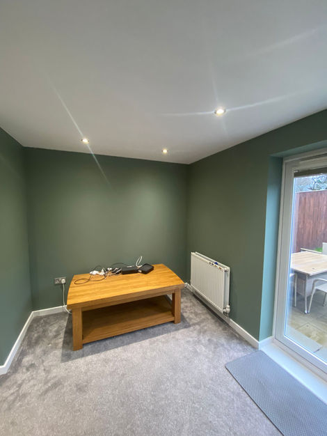 A stylish living room in Sheffield with deep green painted walls, a white ceiling with recessed lighting, white doors, and a wooden coffee table. A beige fabric accent chair complements the modern décor. The professional paintwork creates a smooth, high-end finish, adding elegance to the space.