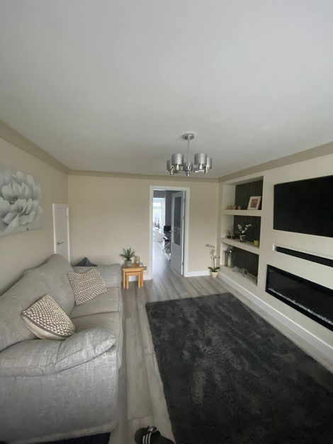 Living Room
Walls and Ceilings and detailing decorating.
Check out this Open Plan Kitchen, Living Room and Hallway project we recently completed.
We also painted media wall.