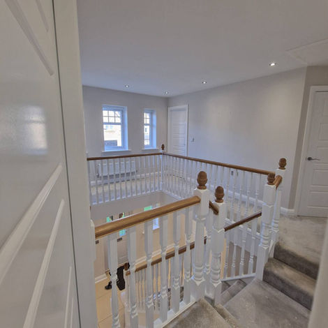 Grand Hallway / Upstairs
Walls, Ceiling and Woodwork inc prepwork
Upstairs area with this beautiful staircase structure blending in with the smooth walls and ceiling, complimenting the space throughout.