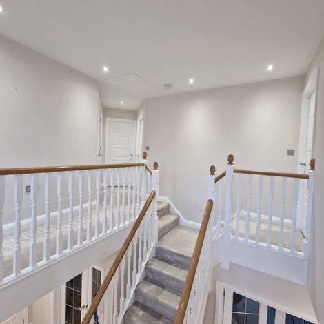 Grand Hallway / Upstairs
Walls, Ceiling and Woodwork inc prepwork
So glad we left the original wood texture for highlighting this stunning staircase structure, it works so beautifully well together with white detailing.