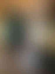 Cosy room with teal walls, wooden tables, leather chairs, and glowing pendant lights. Large window shows trees. Warm atmosphere.