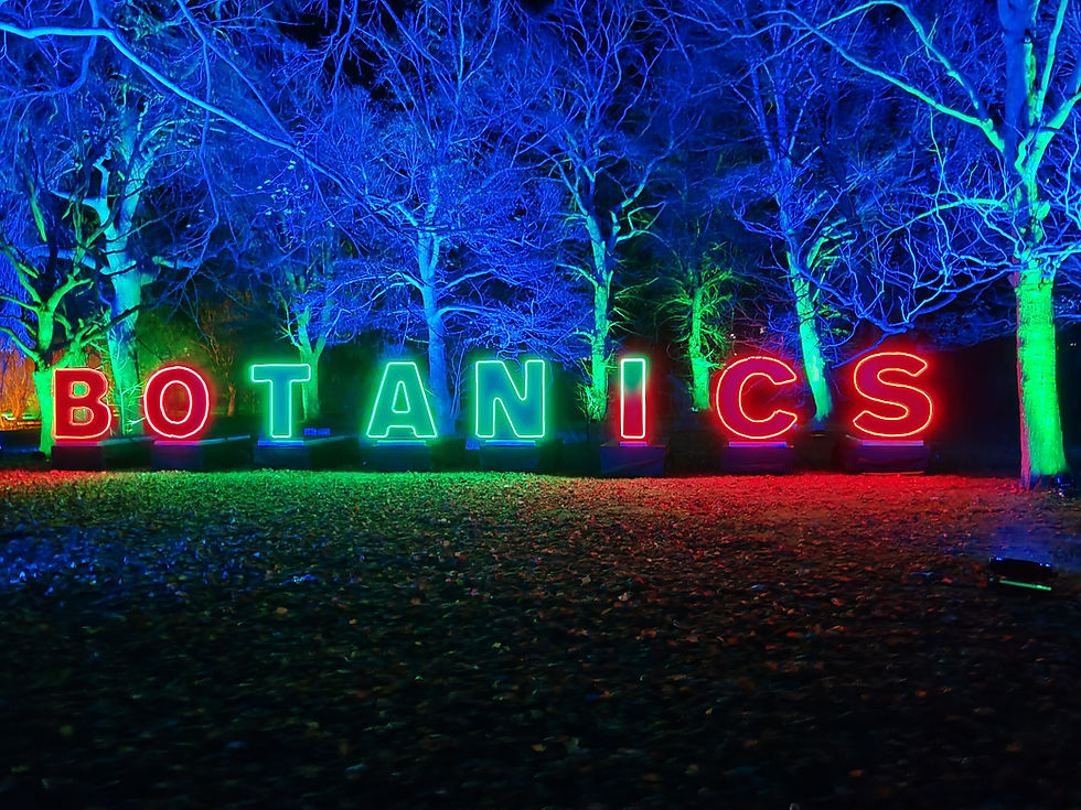 Neon letters spell "BOTANICS" in glowing red and green amidst illuminated trees at night, creating a vibrant and festive atmosphere.